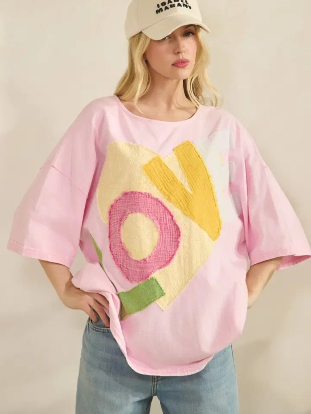 Oversized Pink Short-Sleeve Tee with Colorblock Heart Patch